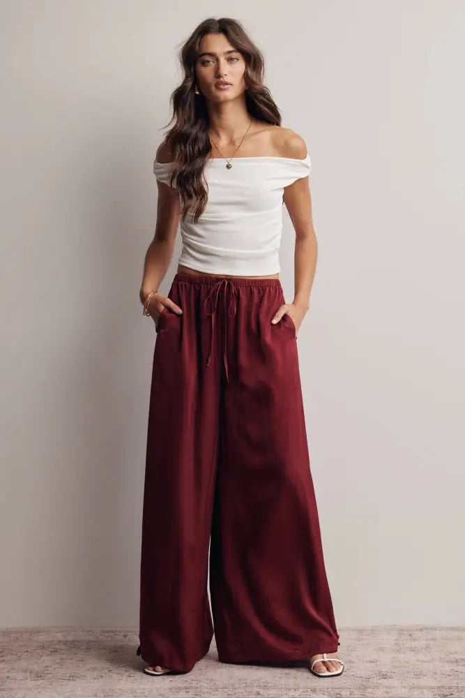 Convertible Wide Leg Tie Hem Pants FP0022: Burgundy / Contemporary / S