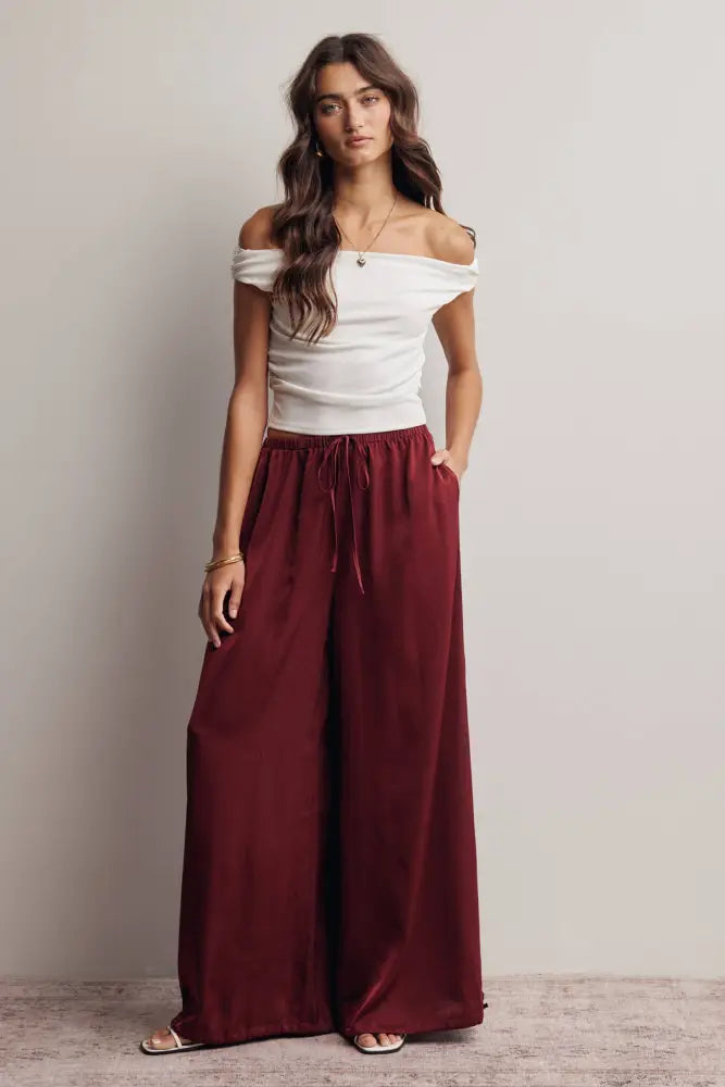 Convertible Wide Leg Tie Hem Pants FP0022: Burgundy / Contemporary / S