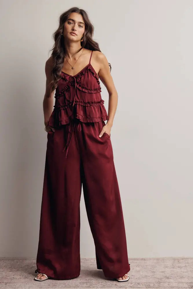 Convertible Wide Leg Tie Hem Pants FP0022: Burgundy / Contemporary / S