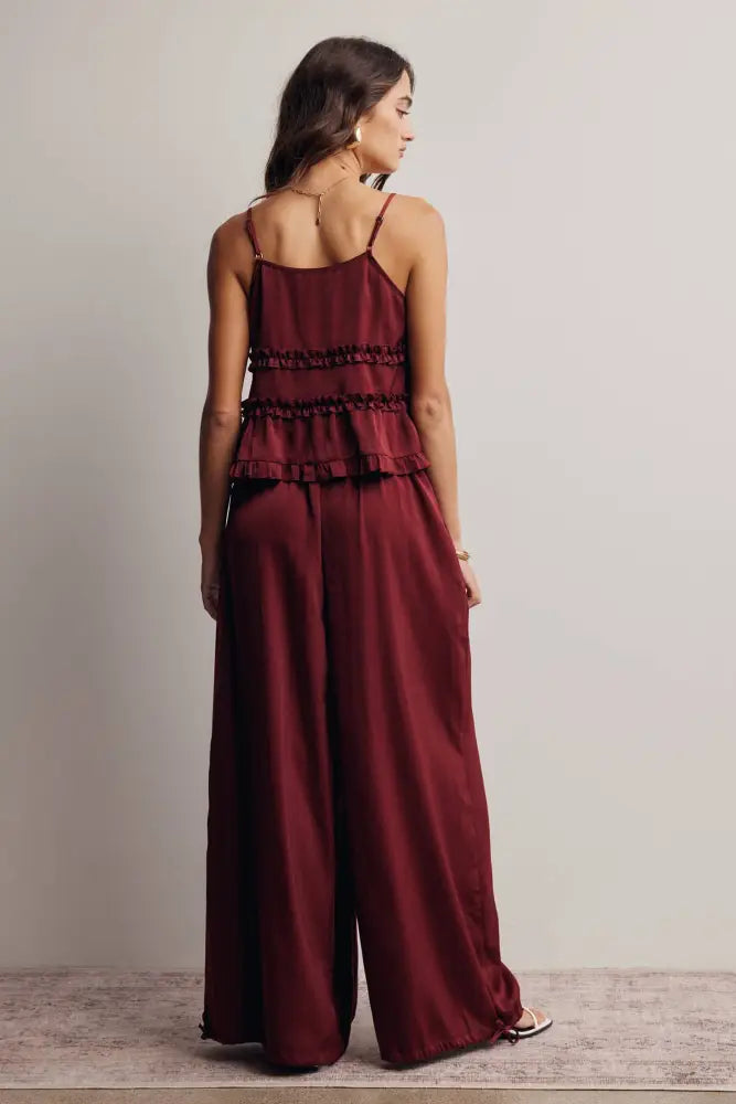 Convertible Wide Leg Tie Hem Pants FP0022: Burgundy / Contemporary / S