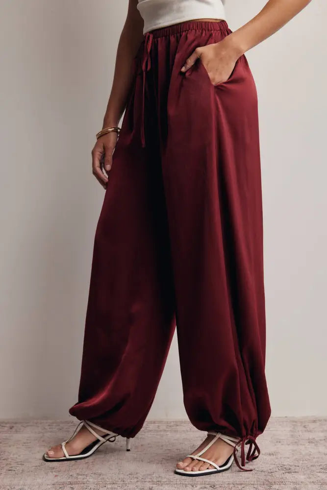 Convertible Wide Leg Tie Hem Pants FP0022: Burgundy / Contemporary / S