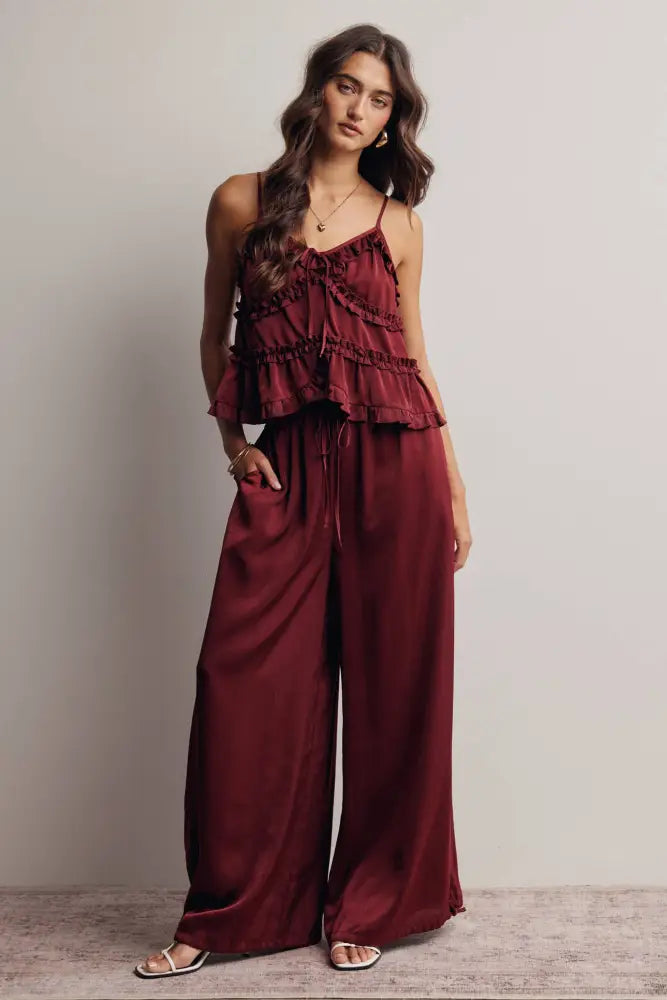 Convertible Wide Leg Tie Hem Pants FP0022: Burgundy / Contemporary / S