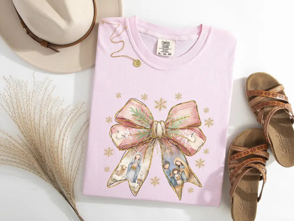 Coquette Nativity Bow Graphic Tee in Pink - Posh Finds