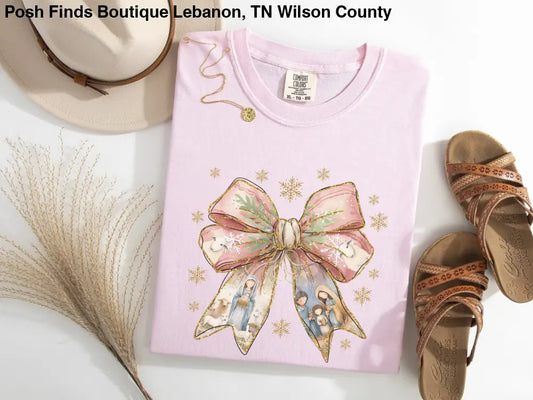 Coquette Nativity Bow Graphic Tee in Pink - Posh Finds