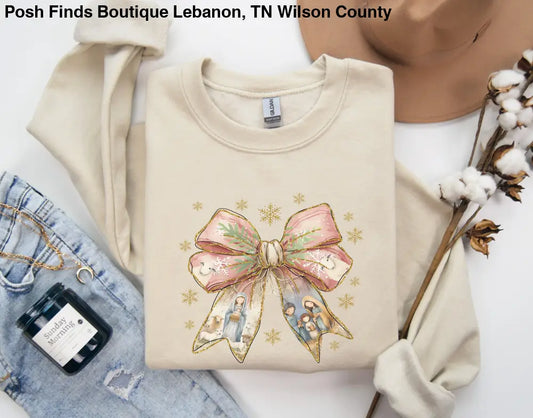 Coquette Nativity Bow Sweatshirt in Sand - Posh Finds