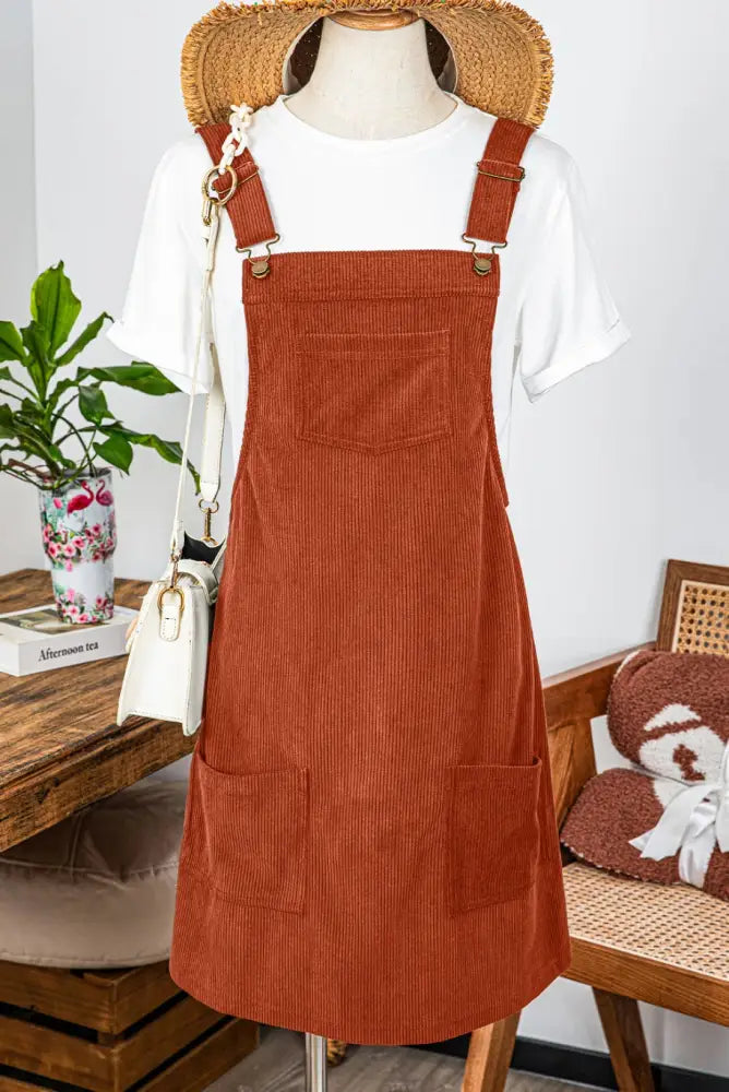 Corduroy Overall Dress: Rust - Posh Finds
