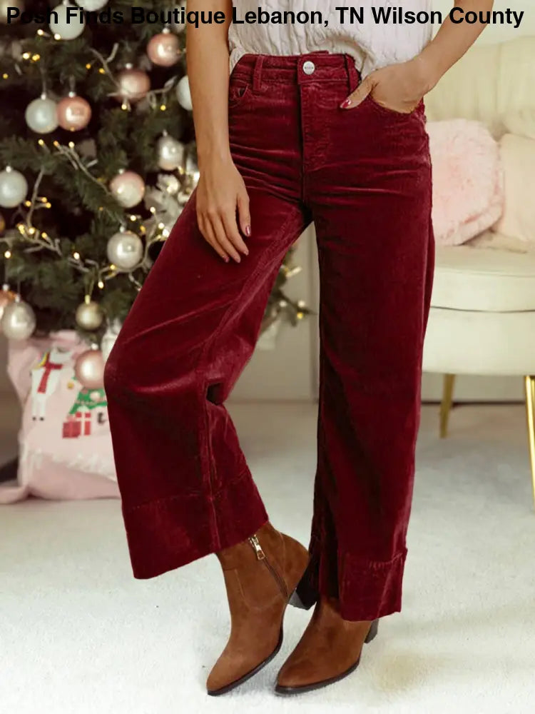 Corduroy Solid Color High Waist Wide Leg Pants: Burgundy - Posh Finds