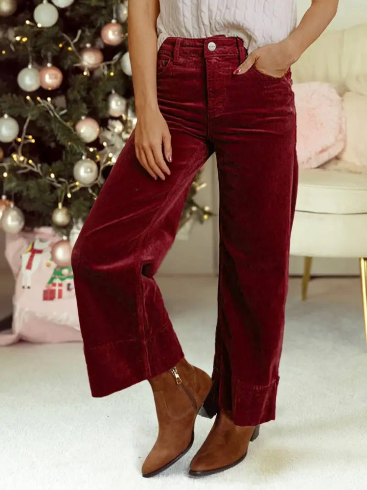 Corduroy Solid Color High Waist Wide Leg Pants: Burgundy - Posh Finds
