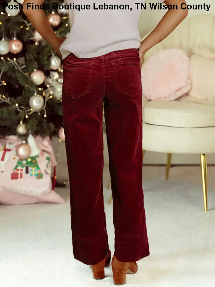 Corduroy Solid Color High Waist Wide Leg Pants: Burgundy - Posh Finds