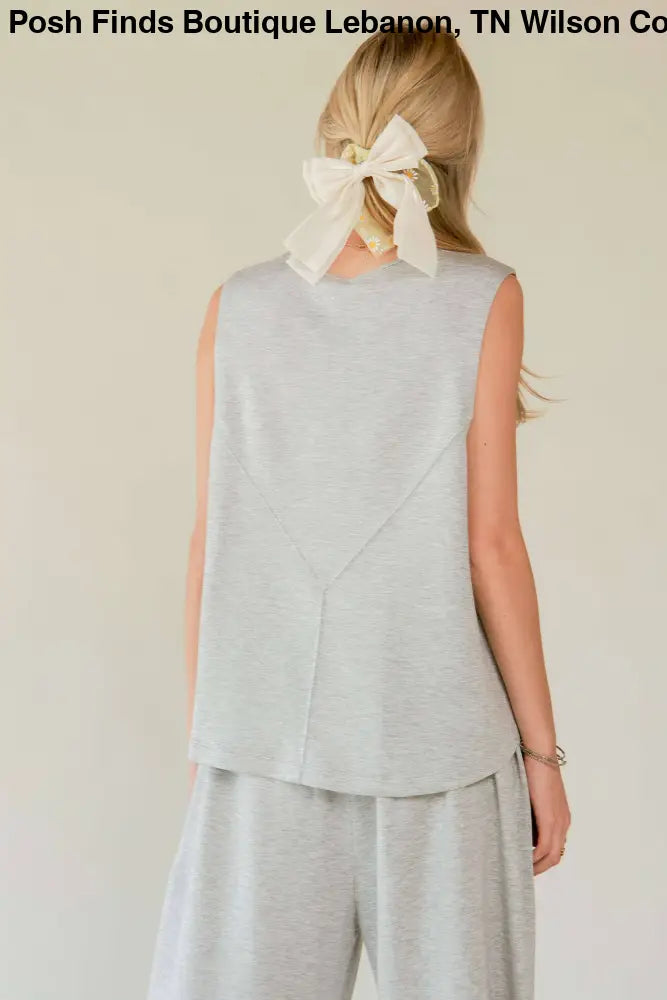 CREW NECK CINCH TIE TOP WAISTBAND PANTS SET: GRAY - Posh Finds
