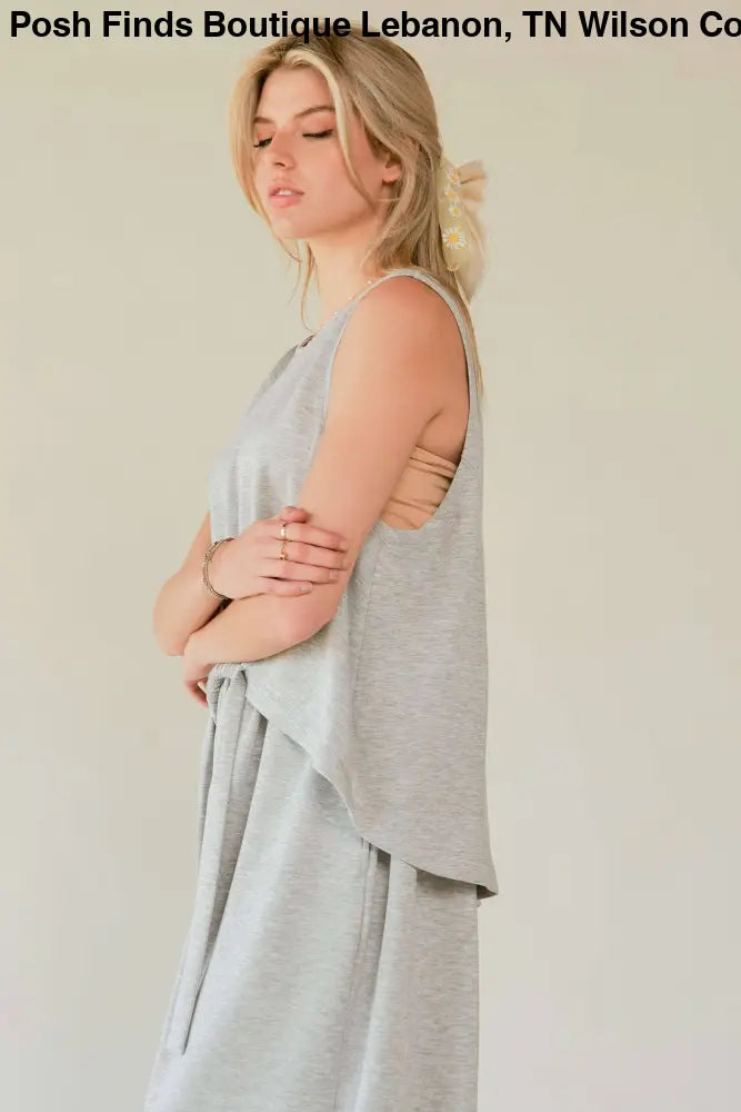 CREW NECK CINCH TIE TOP WAISTBAND PANTS SET: GRAY - Posh Finds