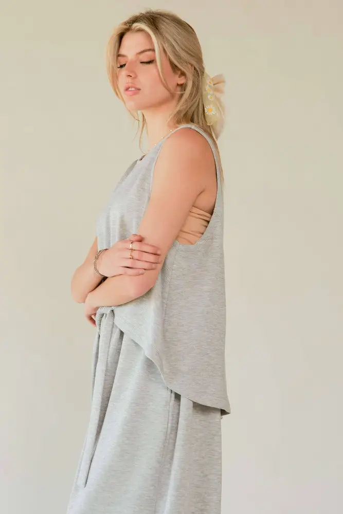 CREW NECK CINCH TIE TOP WAISTBAND PANTS SET: GRAY - Posh Finds