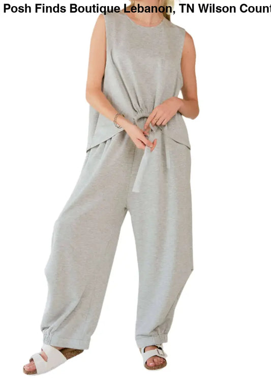 CREW NECK CINCH TIE TOP WAISTBAND PANTS SET: GRAY - Posh Finds