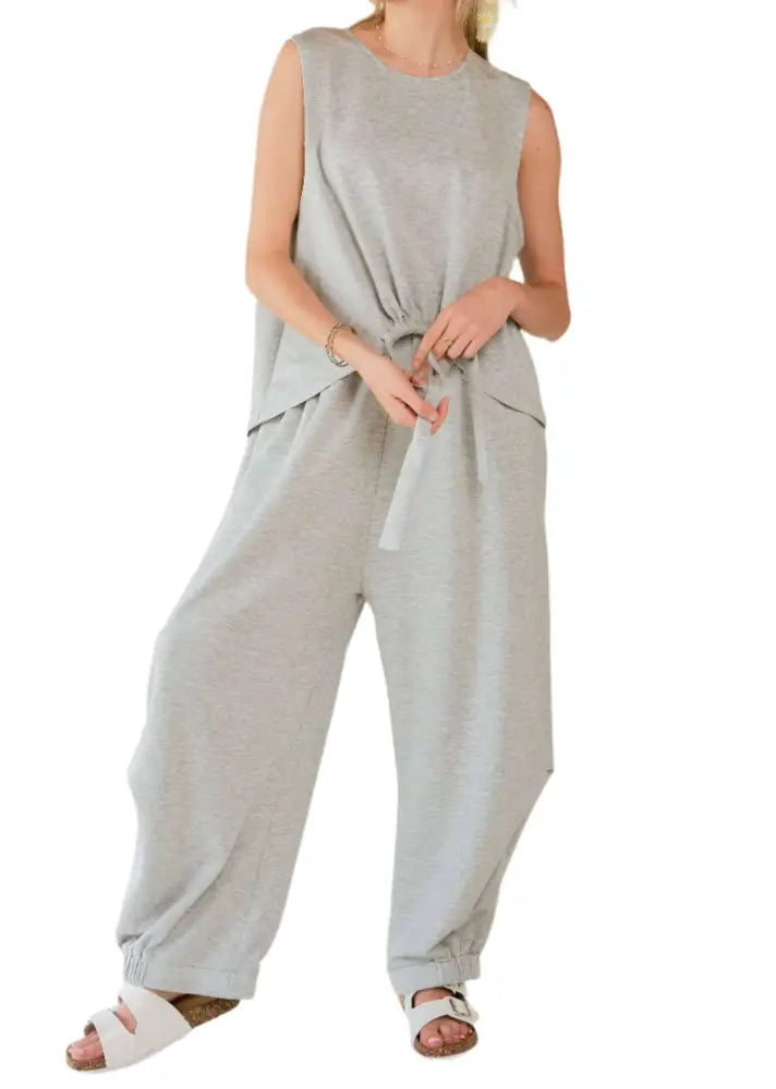 CREW NECK CINCH TIE TOP WAISTBAND PANTS SET: GRAY - Posh Finds