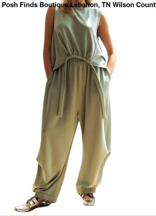 CREW NECK CINCH TIE TOP WAISTBAND PANTS SET: SAGE - Posh Finds