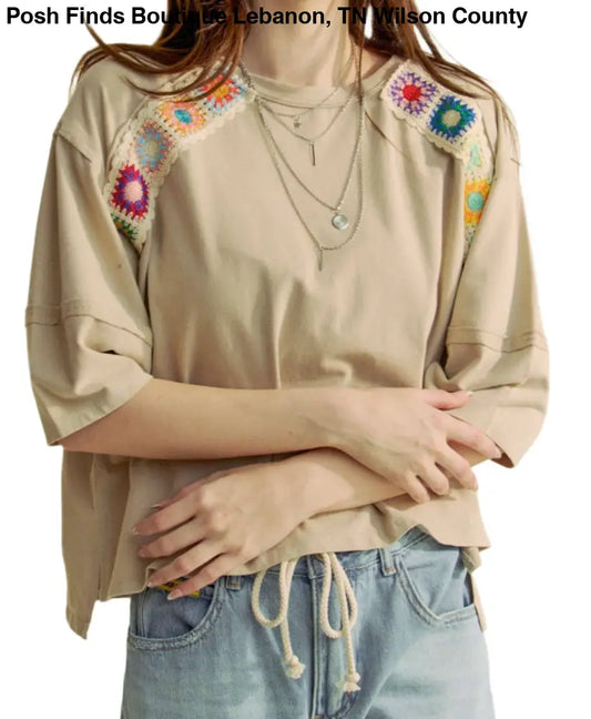 CROCHET DROP SHOULDER LOOSE FIT SHORT SLEEVE TOP: Khaki - Posh Finds