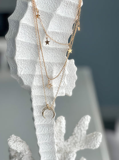 Moon and Stars Layered Necklace in Gold