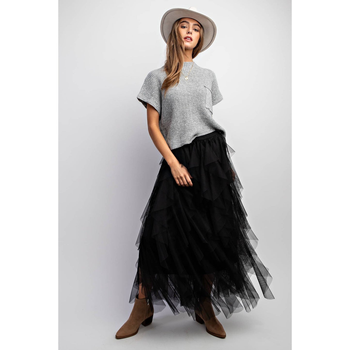 CASCADING TULLE MESH LAYERED MAX SKIRT: Black