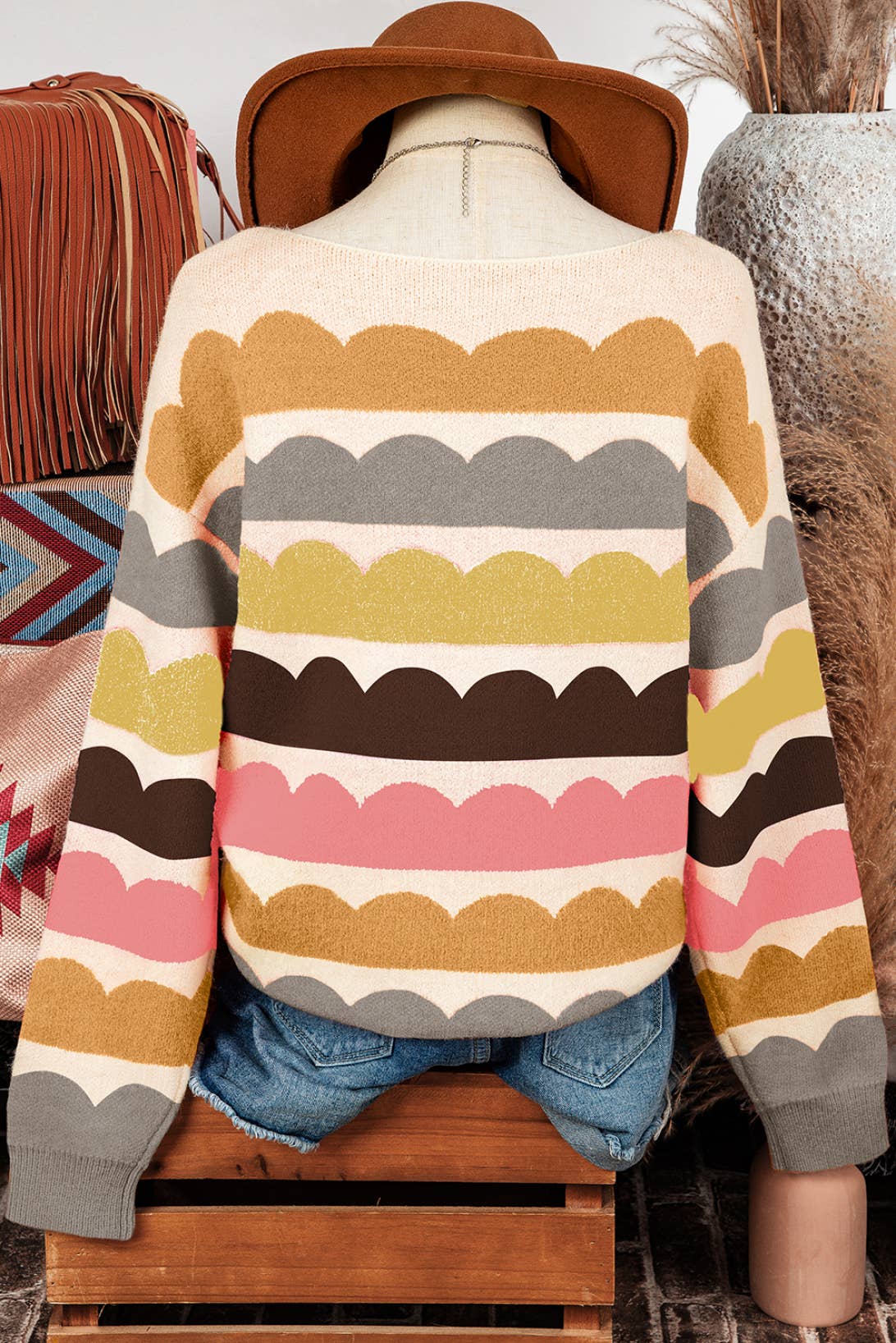 Wave Stripe Balloon Sleeve Drop Shoulder Sweater