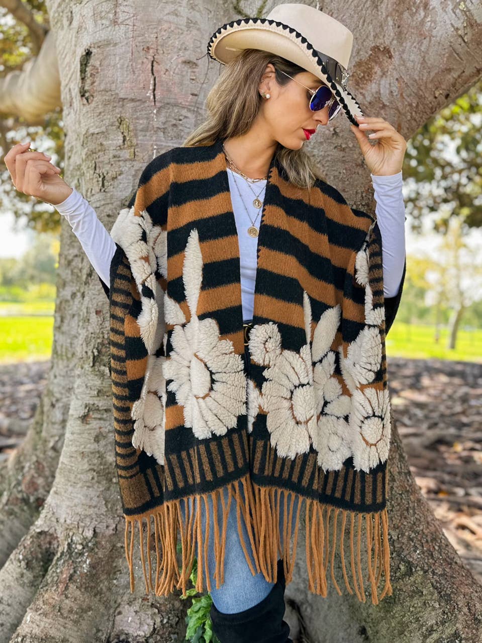 Brown Western Boho 3D Floral Fringe Ruana Cardigan: Brown / One Size
