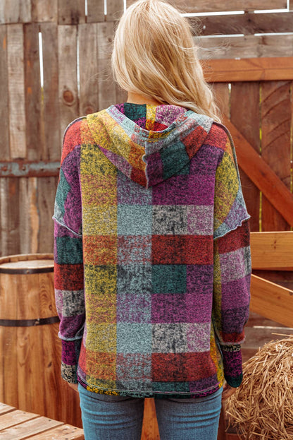 Brushed Colorful Plaid Buttoned Pullover Oversized Hoodie