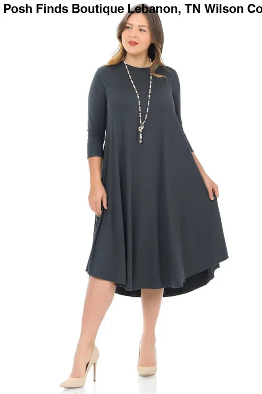 Dark Gray Plus A-Line Swing Trapeze Midi Dress - Women > Dresses