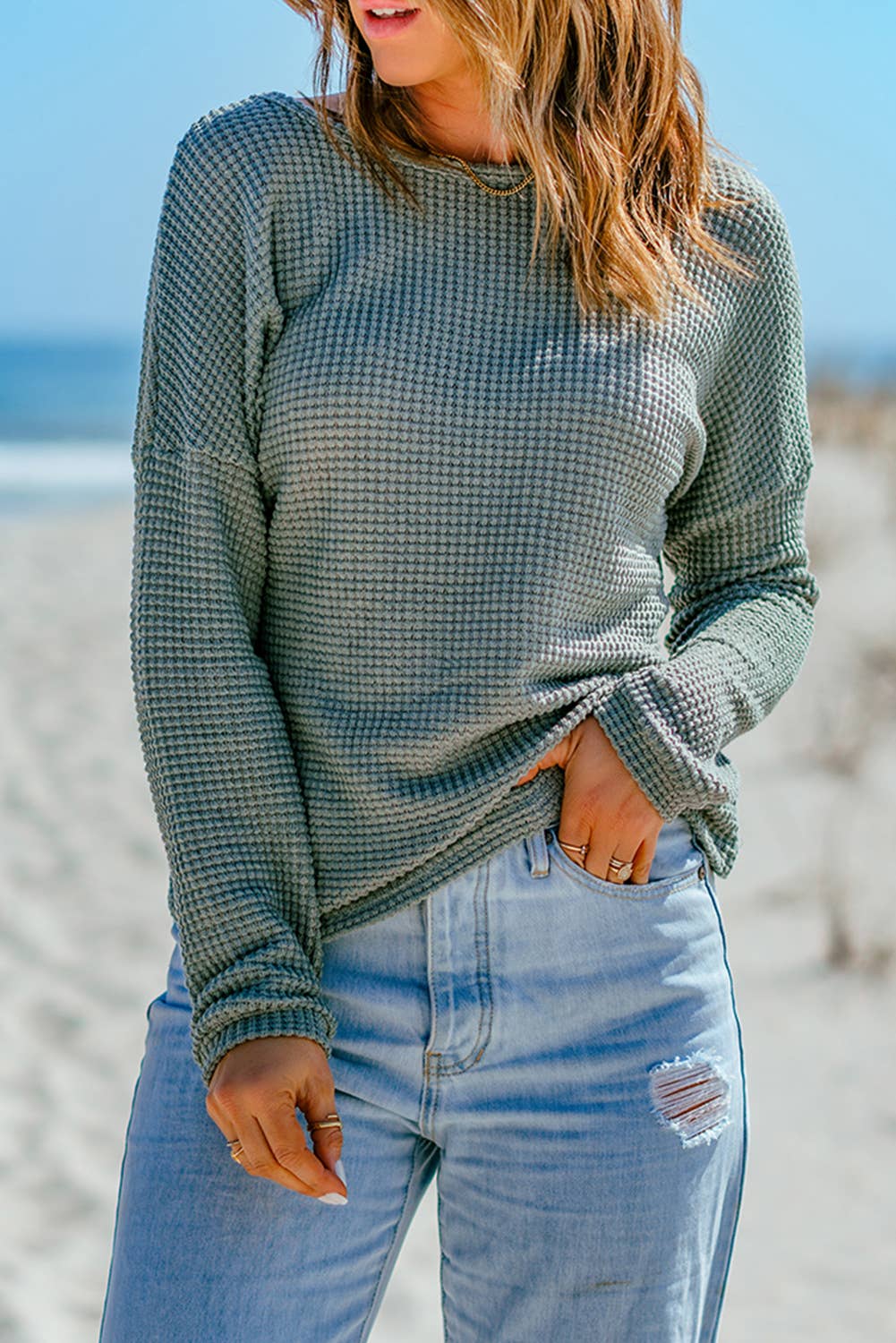 Waffle Knit Drop Shoulder Long Sleeve Top: Apricot