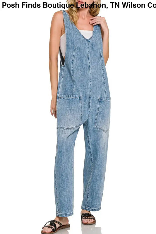 Denim Adjustable Strap Baggy Jumpsuit With Pockets - Posh Finds