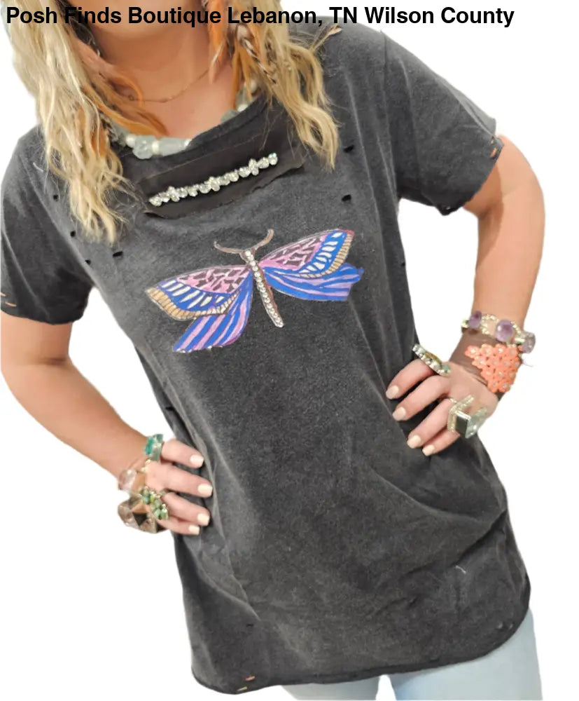 Dragonflies and Butterflies Black Tattered Tee - Posh Finds