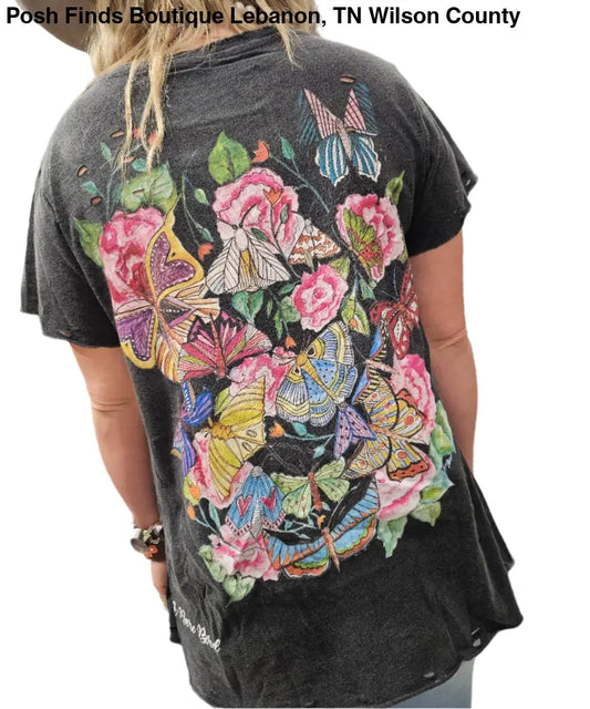 Dragonflies and Butterflies Black Tattered Tee - Posh Finds