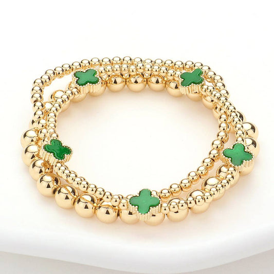 3PCS - Quatrefoil Station Metal Ball Beaded Multi Bracelets: Green