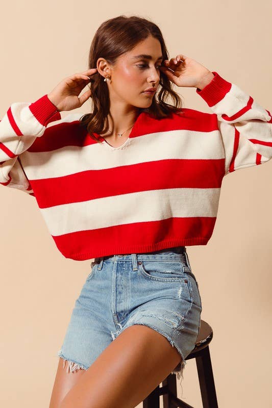 Stripe Knitted V Neck Loose Fit Sweater: RED/IVORY