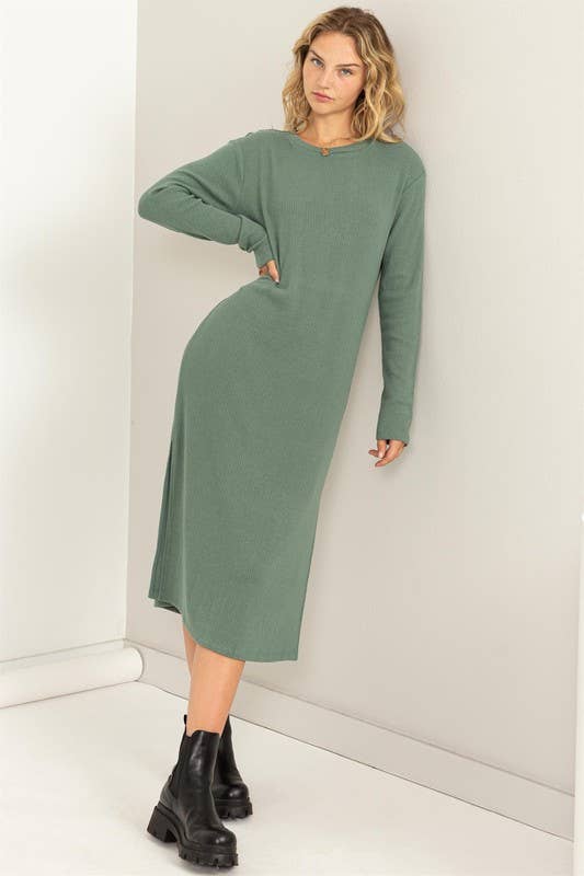 Ribbed Long Sleeve Midi Dress: GRAY GREEN