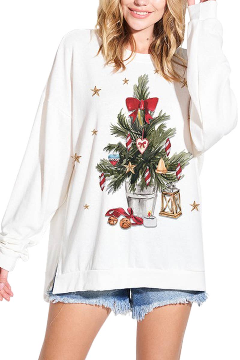 Christmas Tree Print Tri Blend Sweatshirts: IVORY