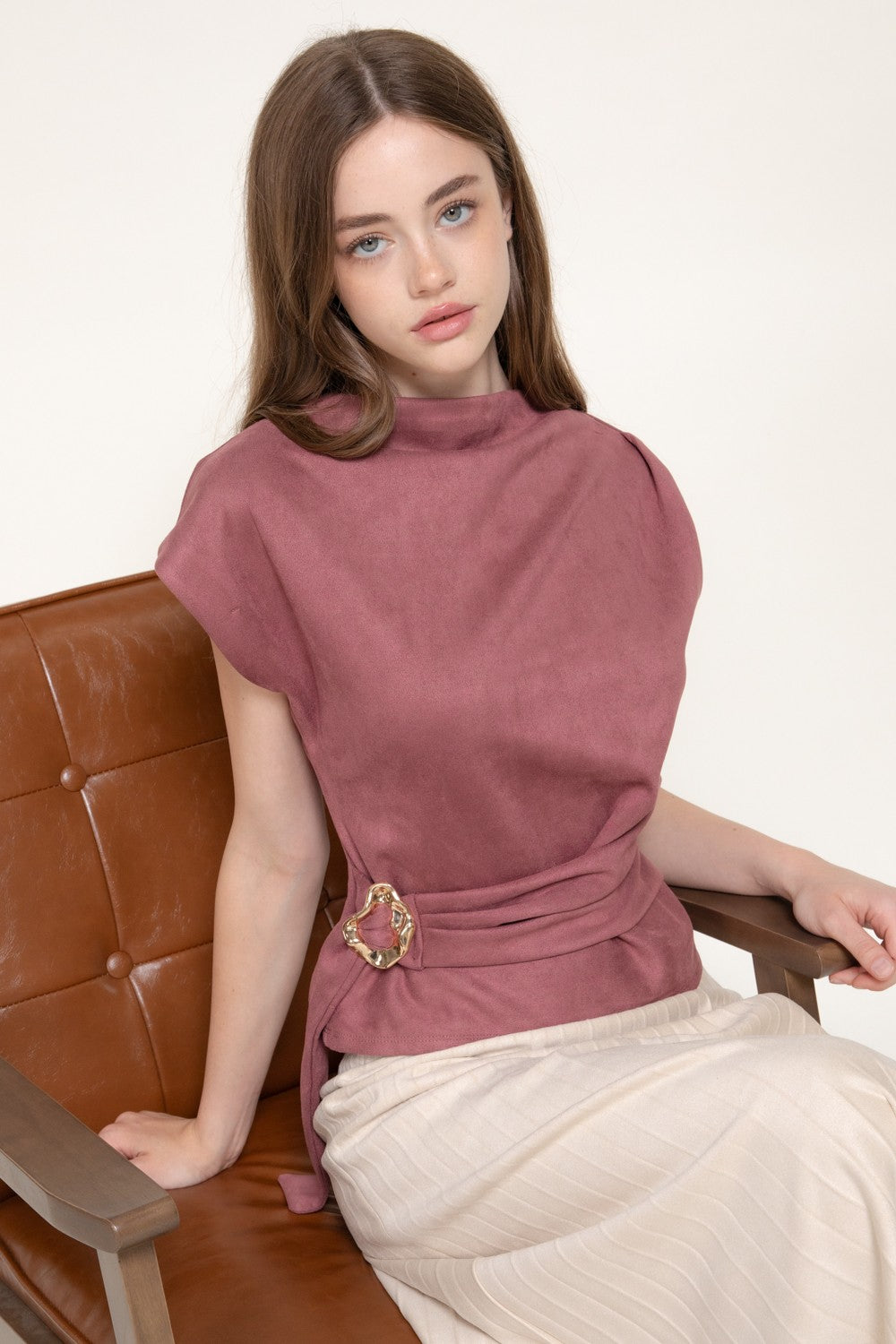 Faux Suede High Neck Buckle Short Sleeve Top - Marsala