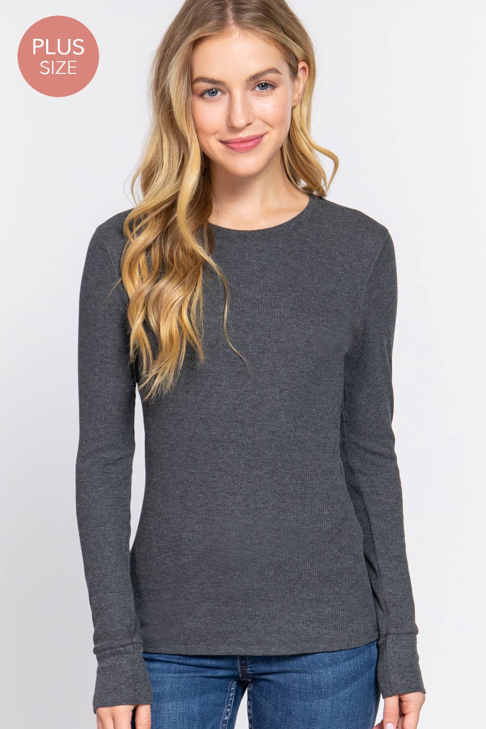 Plus Long Sleeve Crew Neck Thermal Knit Top: Ivory