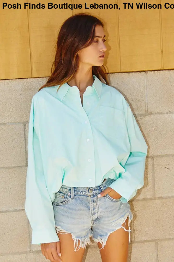 Elastic Hem Solid Cropped Shirt: MINT - Posh Finds