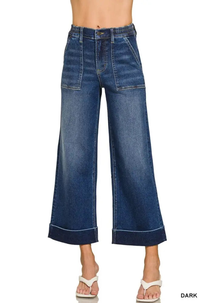 Elastic Waistband Utility Pocket Cropped Denim - Dark - Women > Jeans