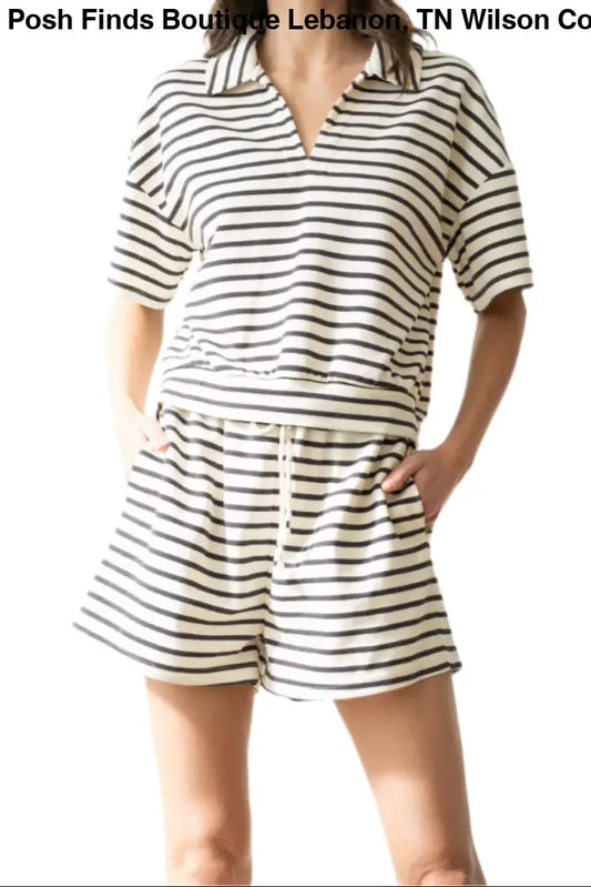 ELASTICIZED STRIPED CASUAL SHORTS: CHARCOAL STRIPE - Posh Finds