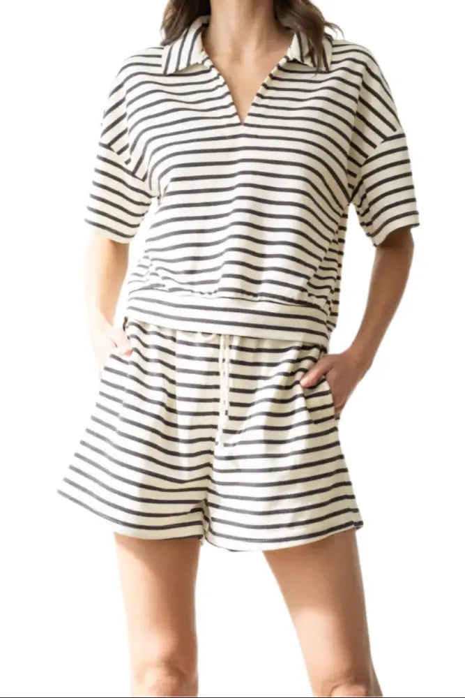 ELASTICIZED STRIPED CASUAL SHORTS: CHARCOAL STRIPE - Posh Finds