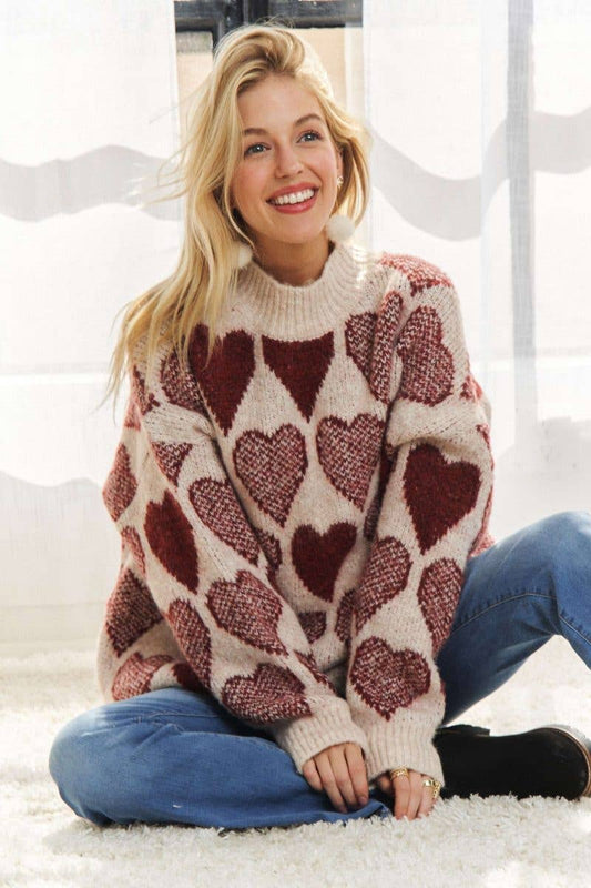 Mock Neck Heart Print Pullover Sweater - Posh Finds