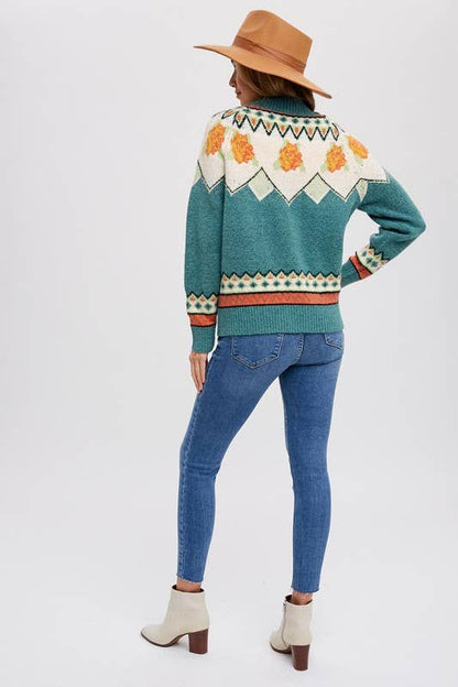 Mock Neck Fair Isle Sweater: DARK MINT