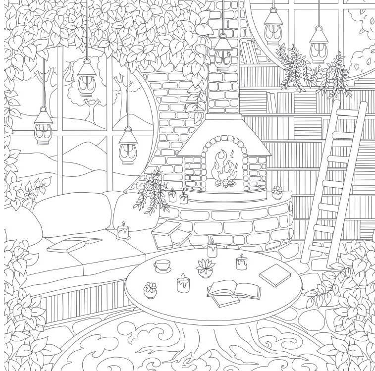 Cozy Bookshops: Colouring Book