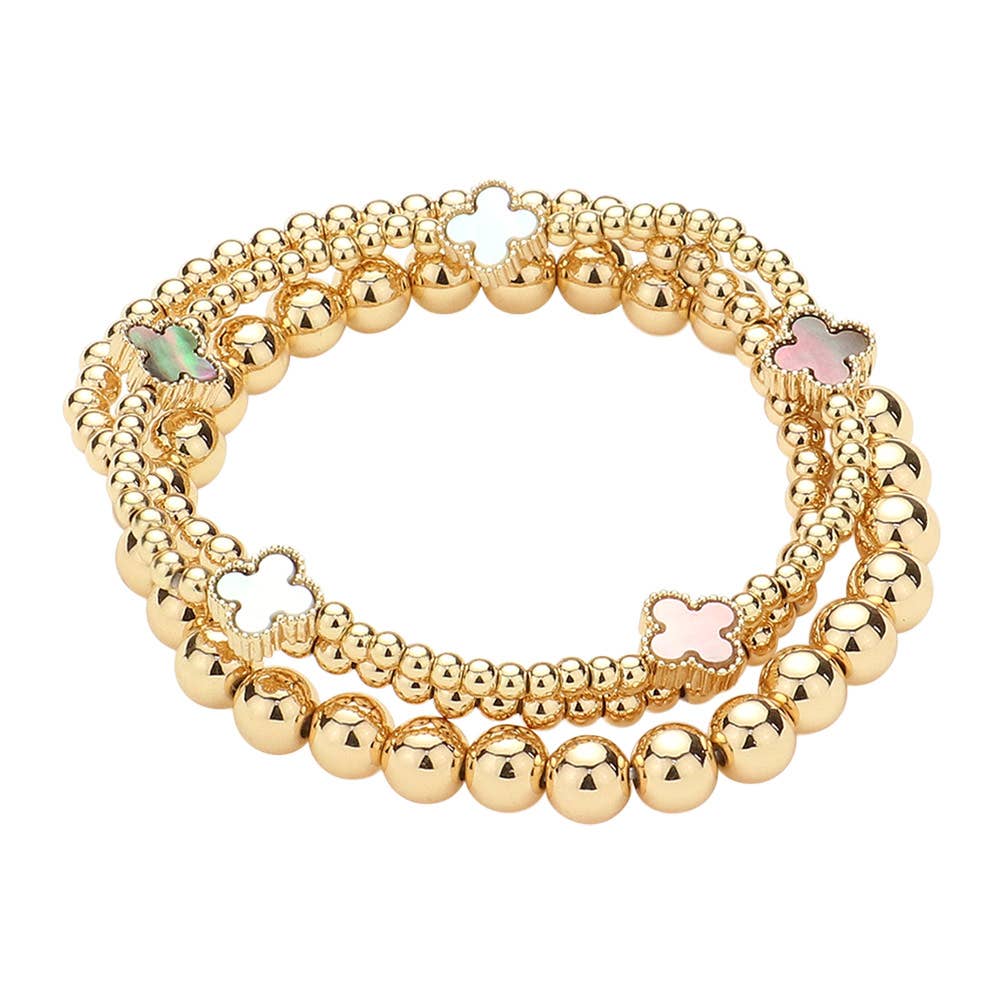 3PCS - Quatrefoil Station Metal Ball Beaded Multi Bracelets: Pearl