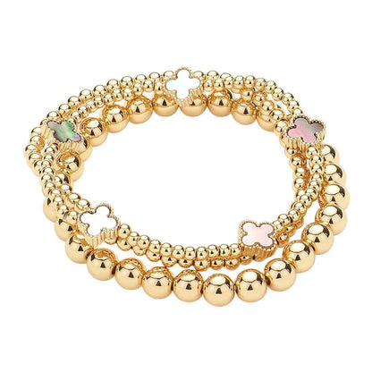 3PCS - Quatrefoil Station Metal Ball Beaded Multi Bracelets: Pearl