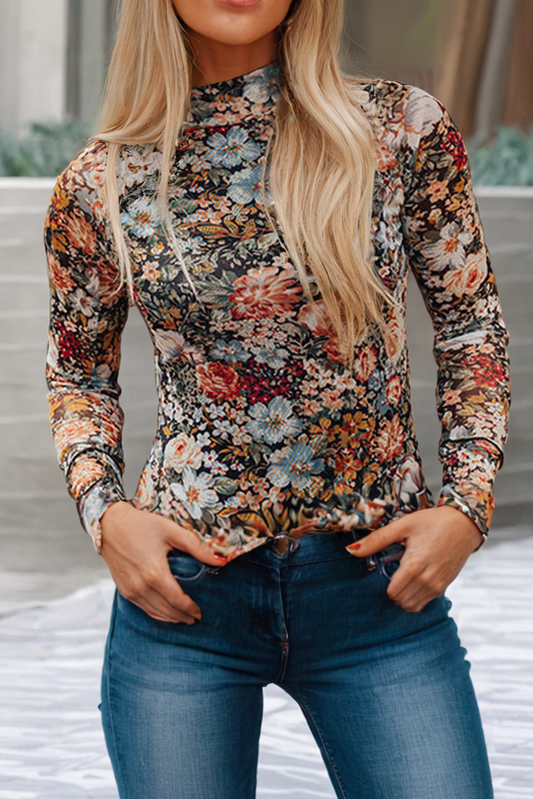 LDC  Floral Long Sleeve High Neck Sheath Mesh Blouse: Brown / M - Posh Finds