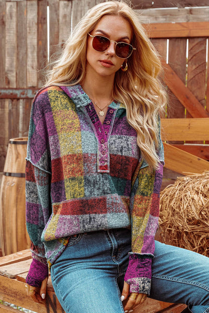 Brushed Colorful Plaid Buttoned Pullover Oversized Hoodie