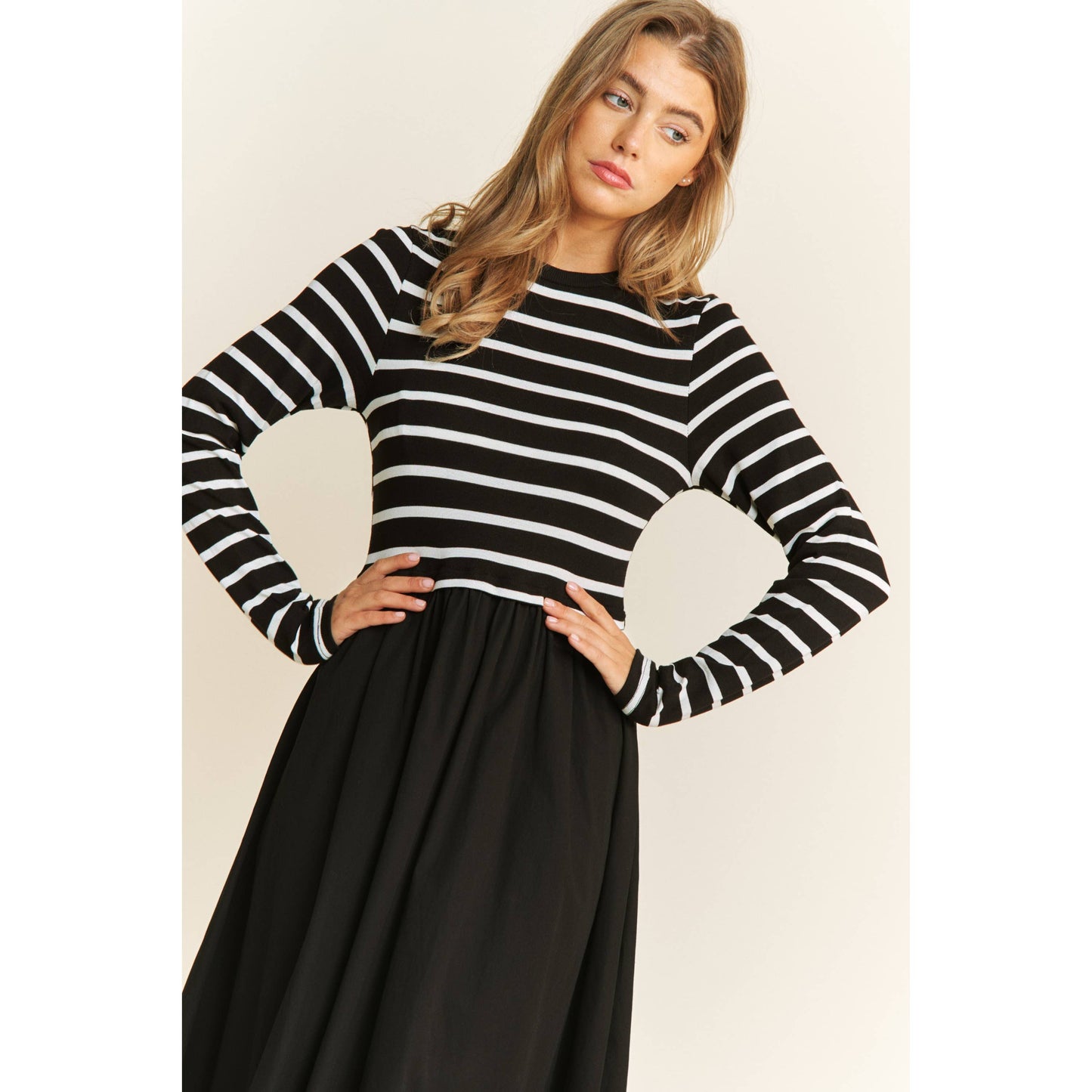 COTTON MAXI DRESS WITH KNIT STRIPE TOP WITH LONG SLEEVES