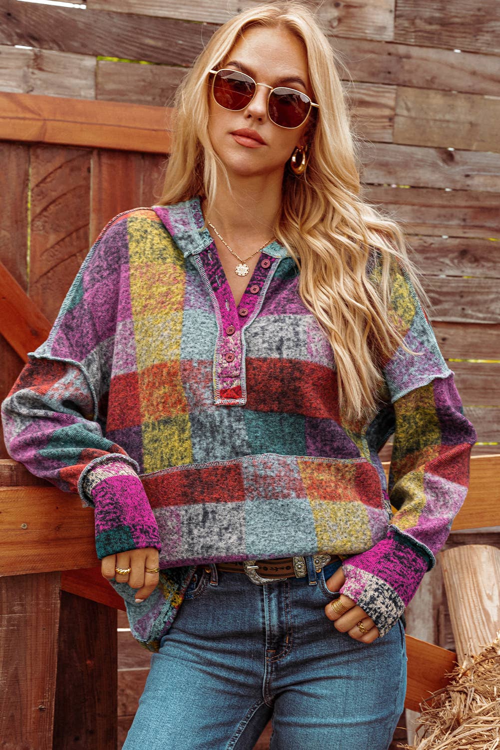 Brushed Colorful Plaid Buttoned Pullover Oversized Hoodie