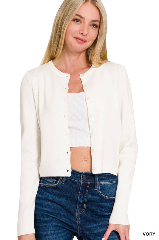 7 Button Crewneck Long Sleeve Cardigan: IVORY